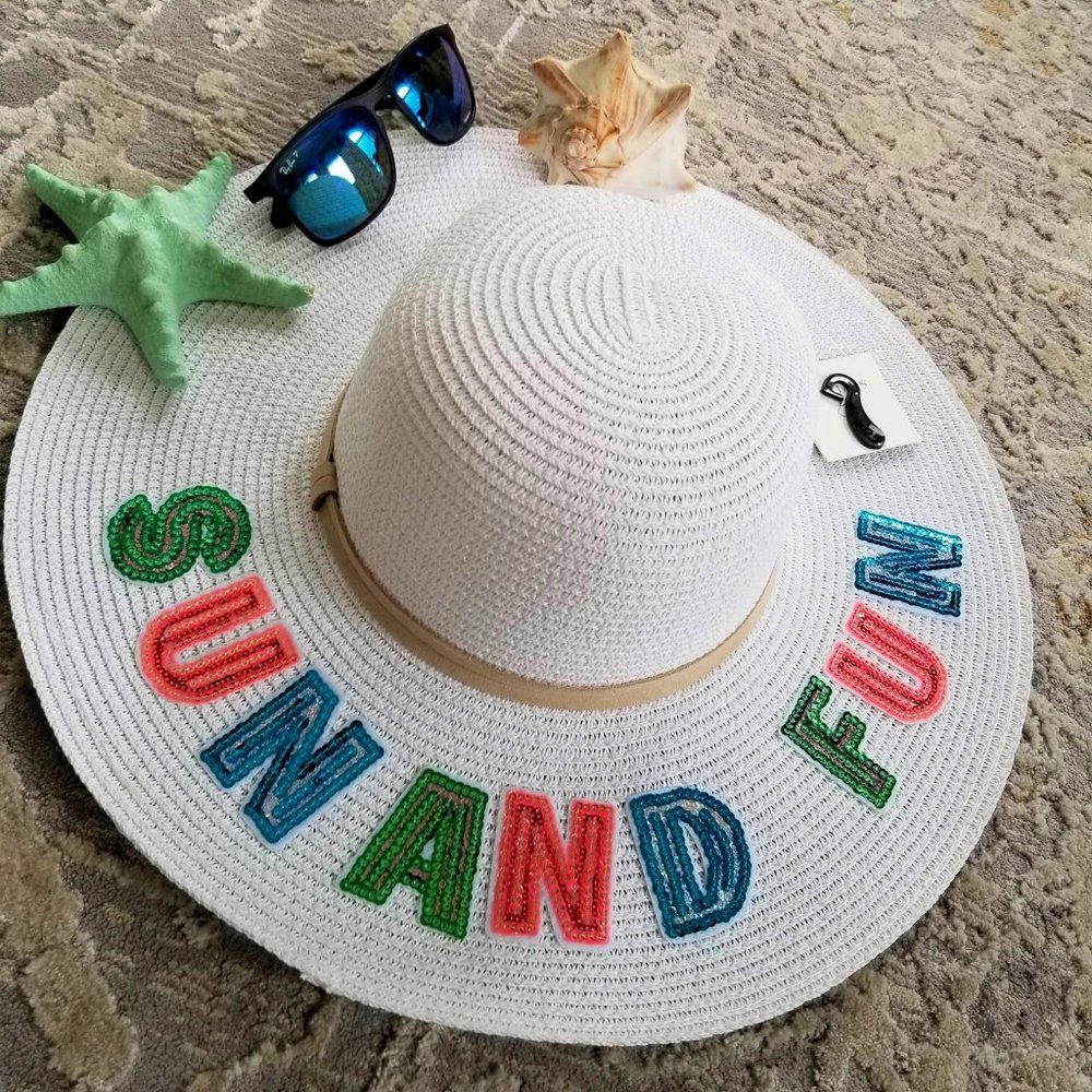 Straw Sun Hat. White. Colorful Sequin Letters, Sun and Fun. NWT - Picture 1 of 5